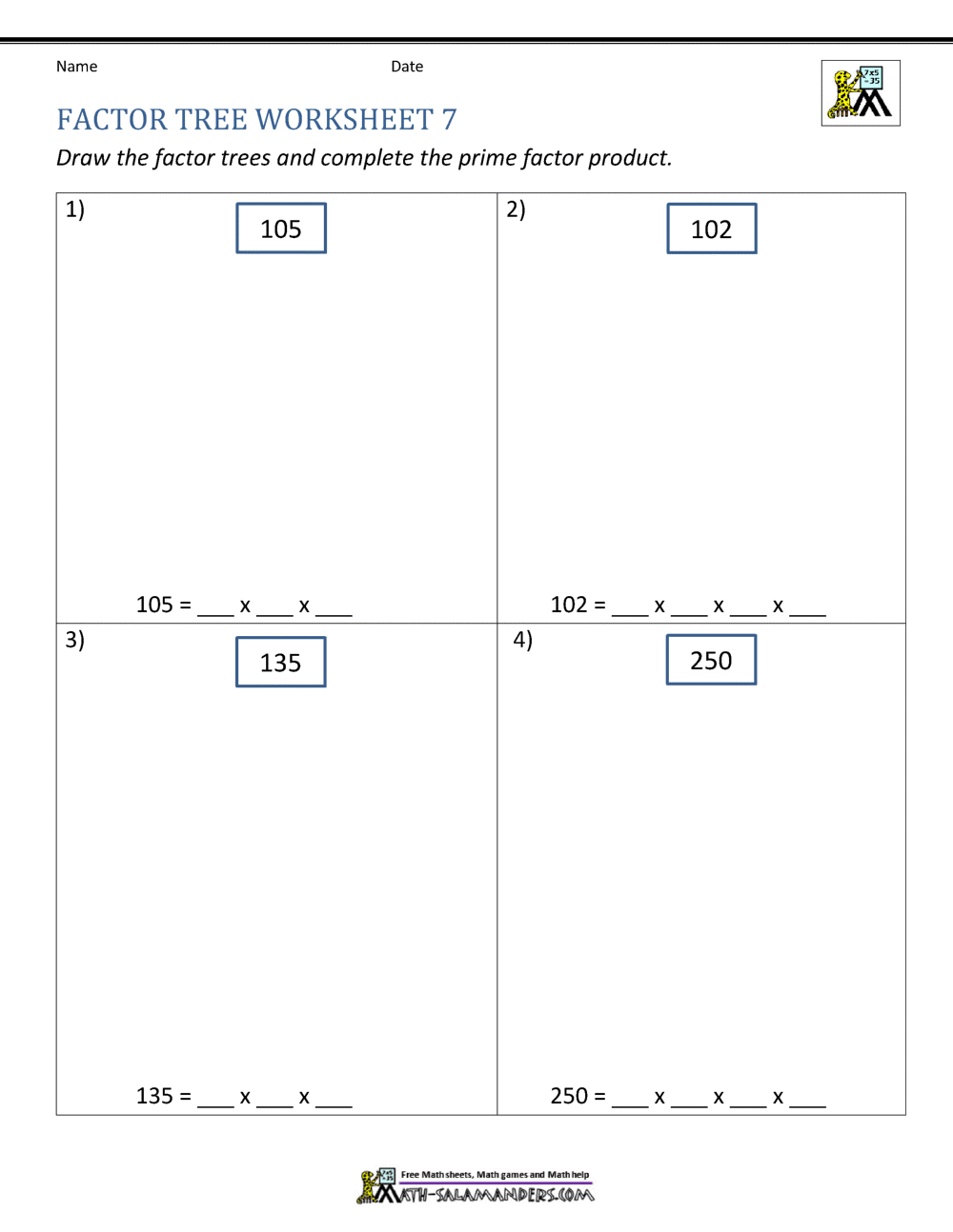 Factor Tree Worksheets Page