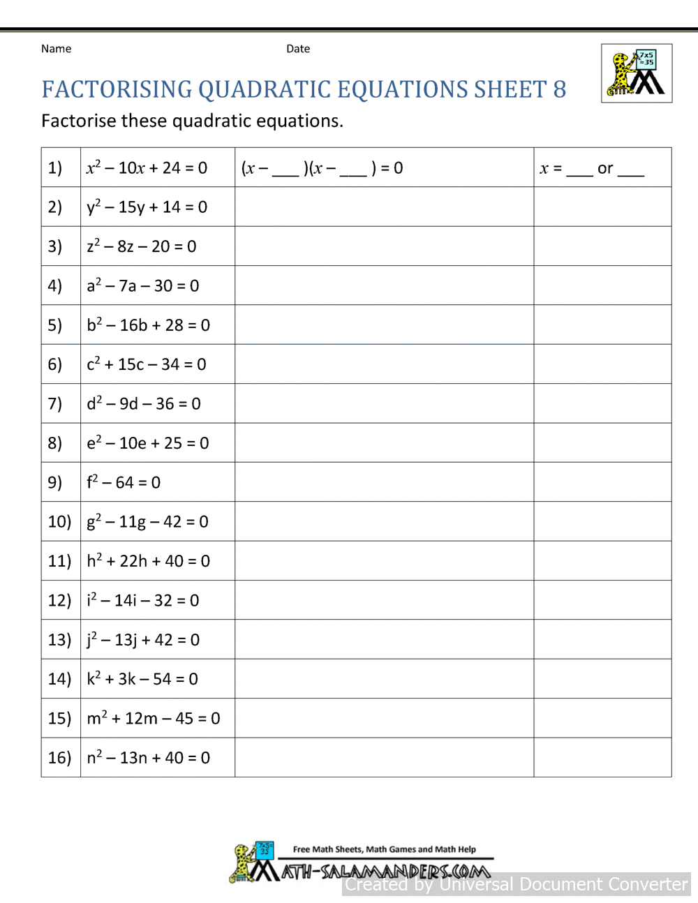 Factorising Quadratic Expressions C Worksheet Printable PDF Worksheets