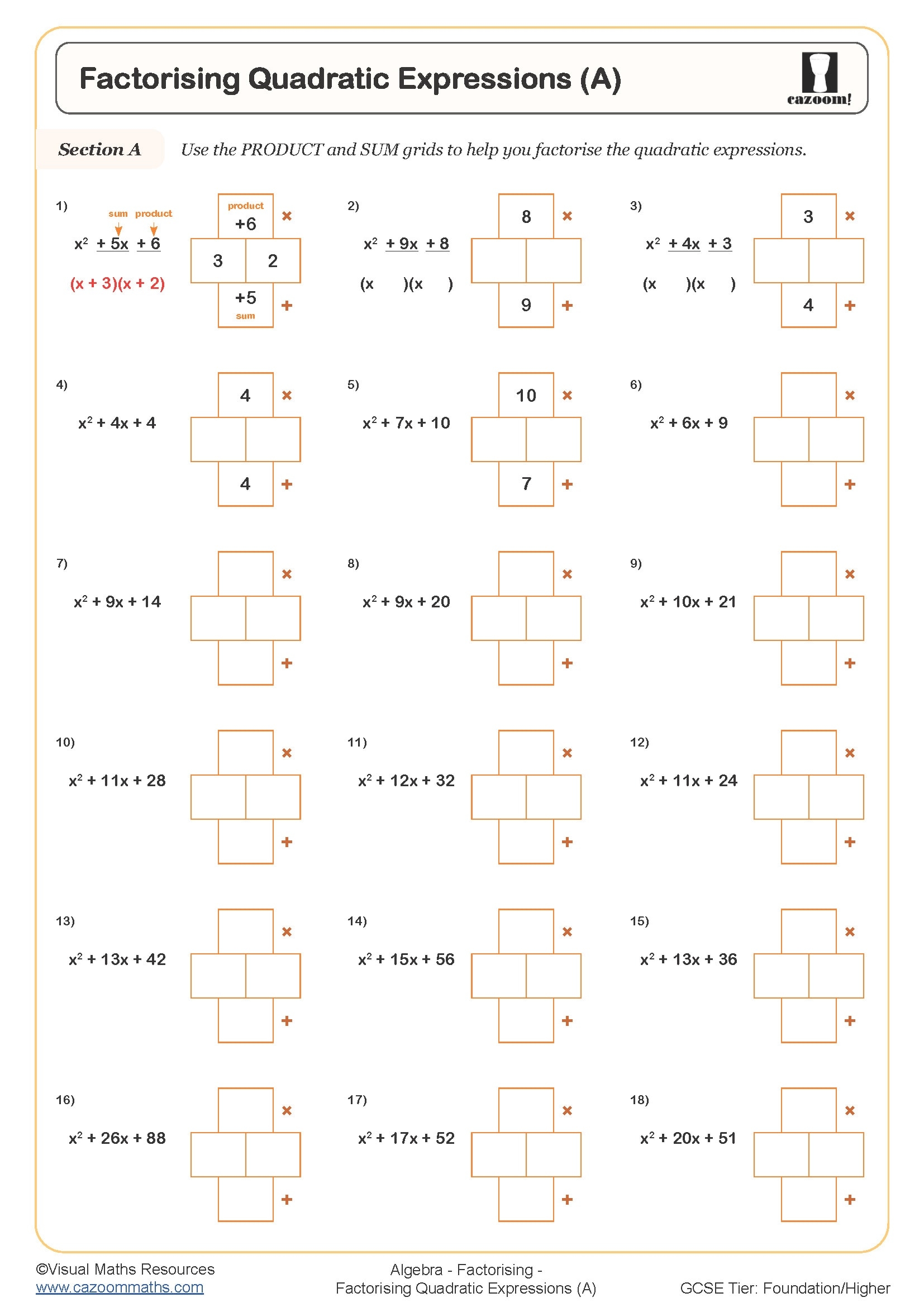 Factorising Quadratic Expressions C Worksheet Printable PDF Worksheets