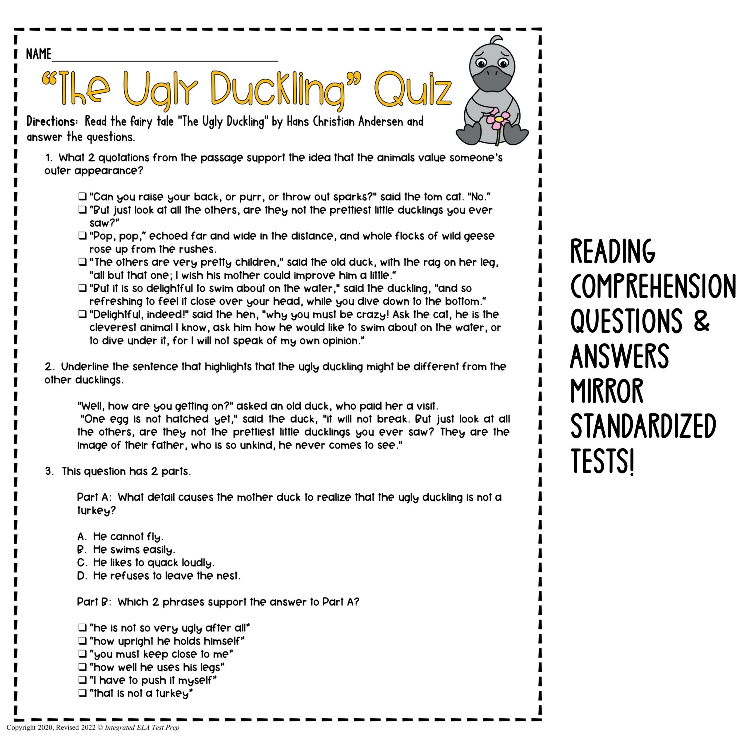 Fairy Tale Reading Test Prep The Ugly Duckling Quiz Activities 4th Grade 3rd 5th Made By Teachers