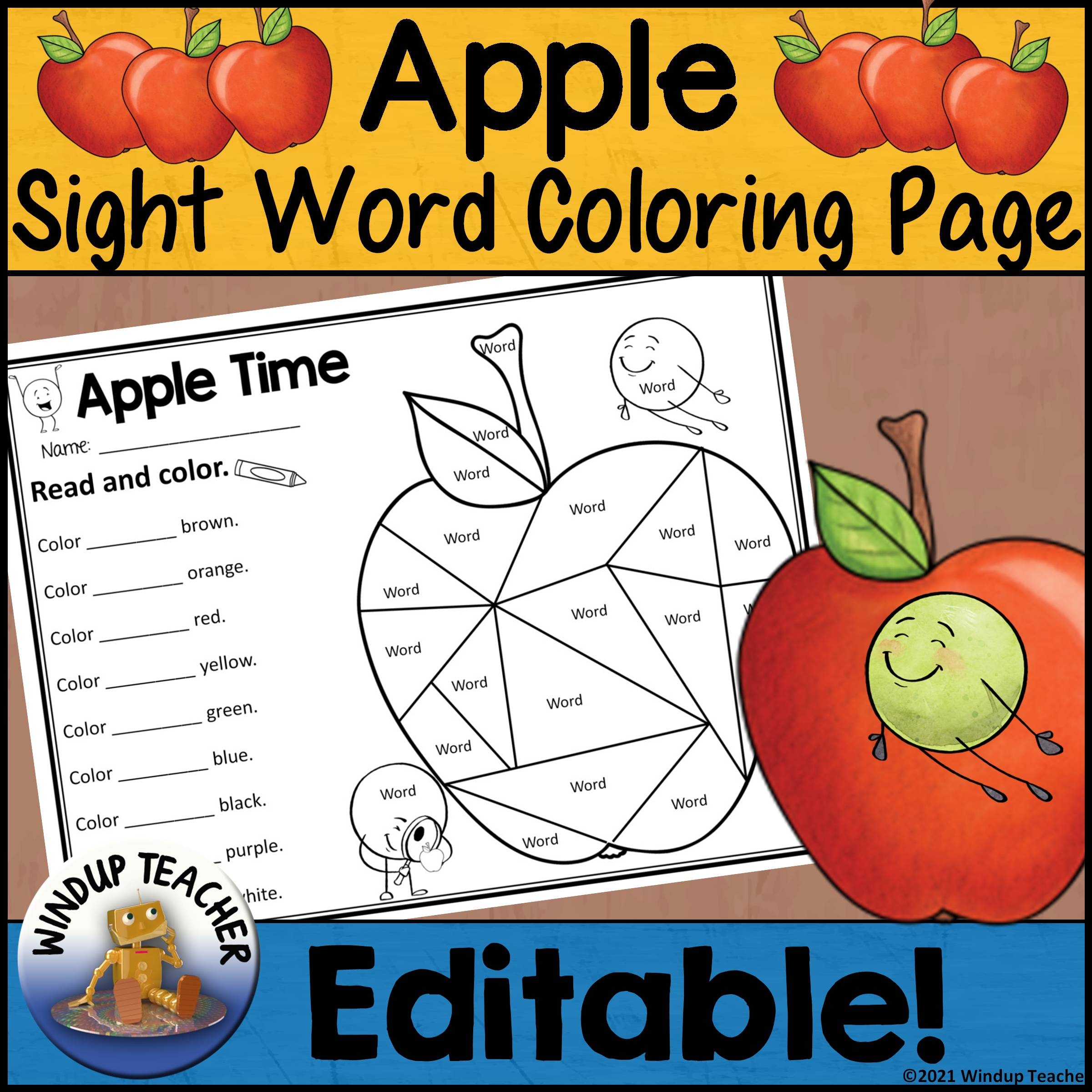 Fall Color By Sight Word Activity Sheet Editable Apple Worksheet Made By Teachers
