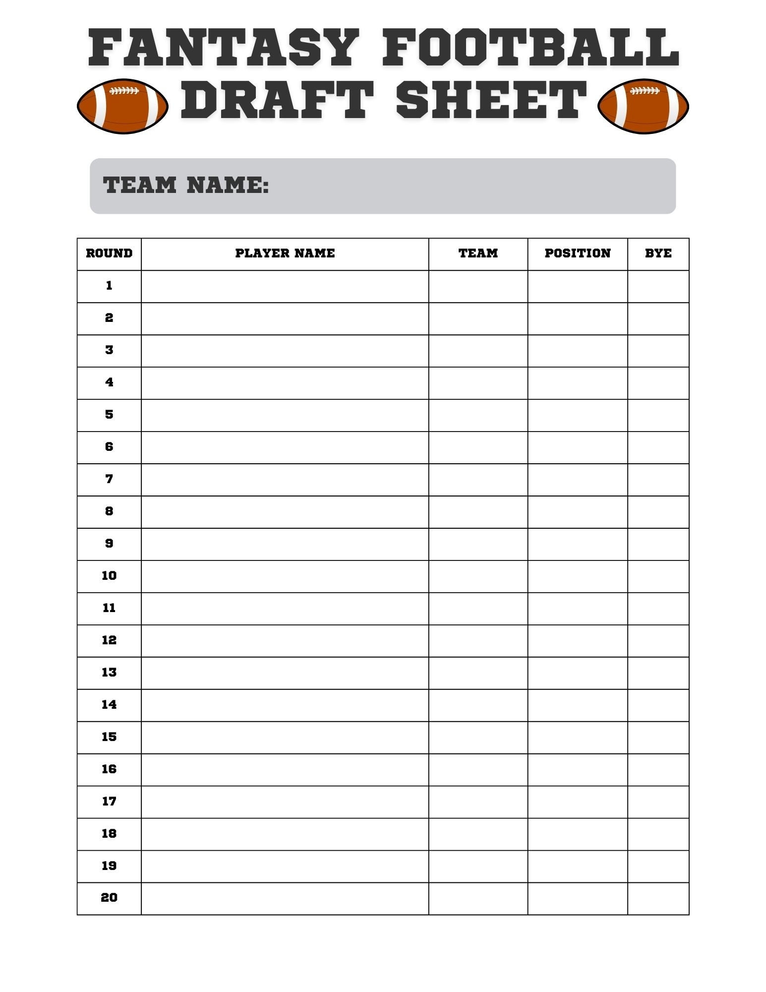 Fantasy Football Draft Sheet Printable NFL Draft Board PDF JPEG Download Etsy