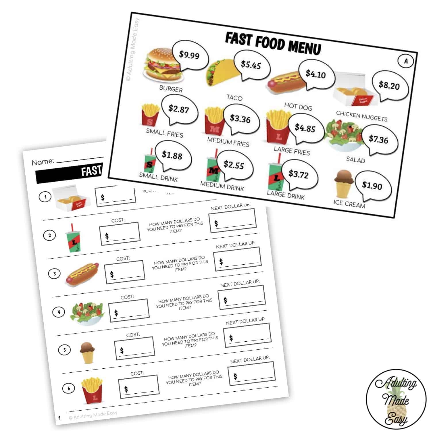 Fast Food Restaurant Menu Next Dollar Up Worksheets