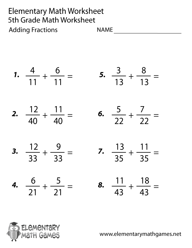 Fifth Grade Adding Fractions Worksheet 100 Free Math Games For Grade 5 ONLINE Printable
