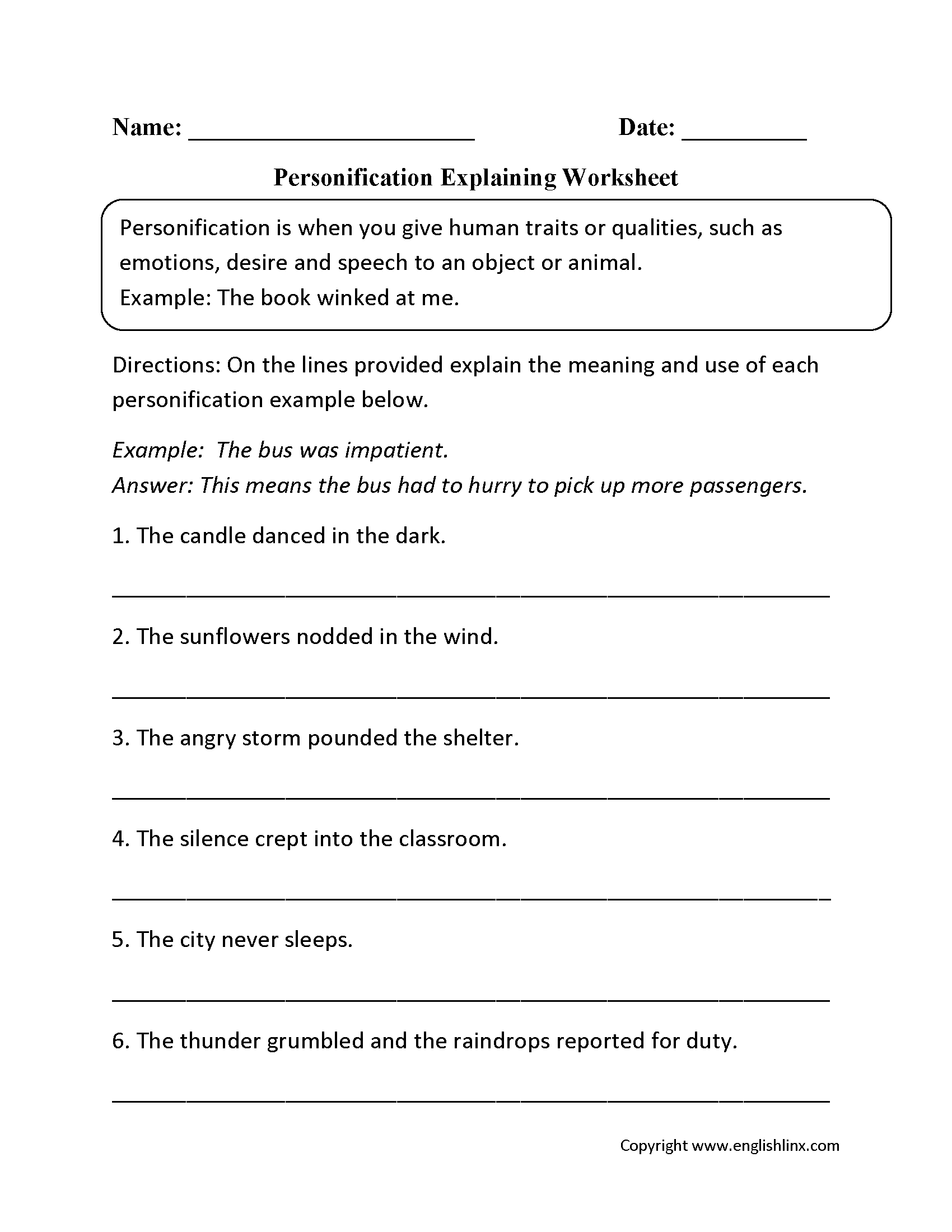 Figurative Language Worksheets Personification Worksheets