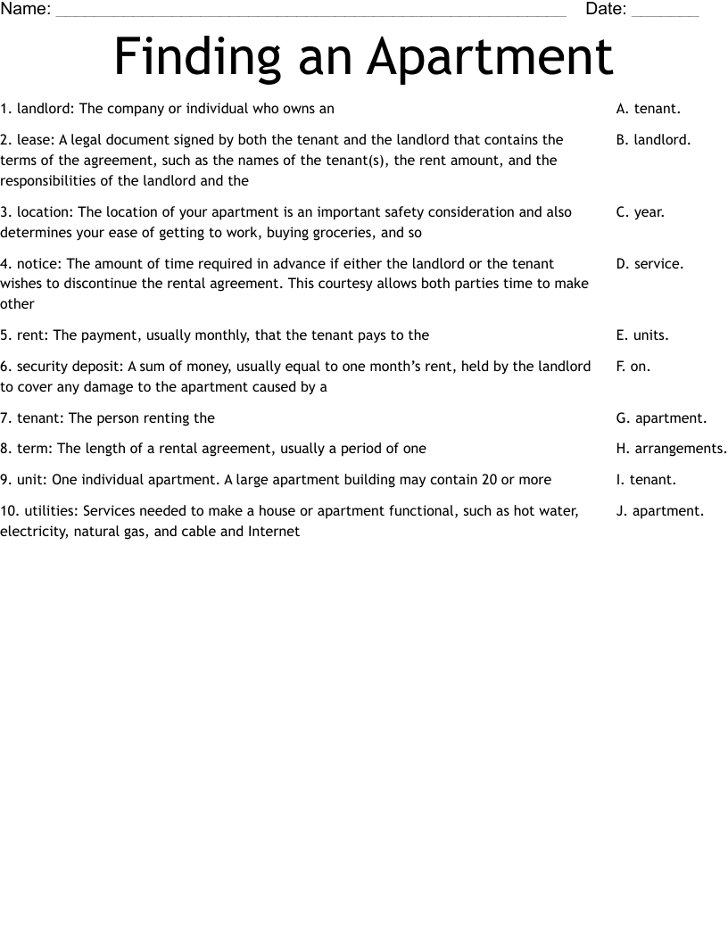 Finding An Apartment Worksheet WordMint