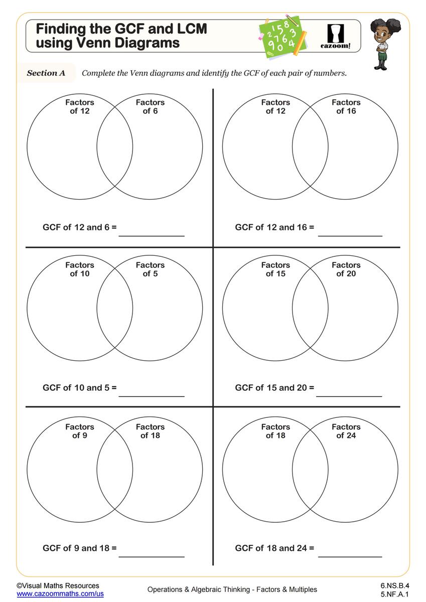 Finding The GCF And LCM Using Venn Diagrams Worksheet Fun And Engaging 6th Grade PDF Worksheets Cazoom Math Finding The GCF And LCM Using Venn Diagrams Worksheet Fun And Engaging 6th Grade PDF Worksheets Cazoom Math