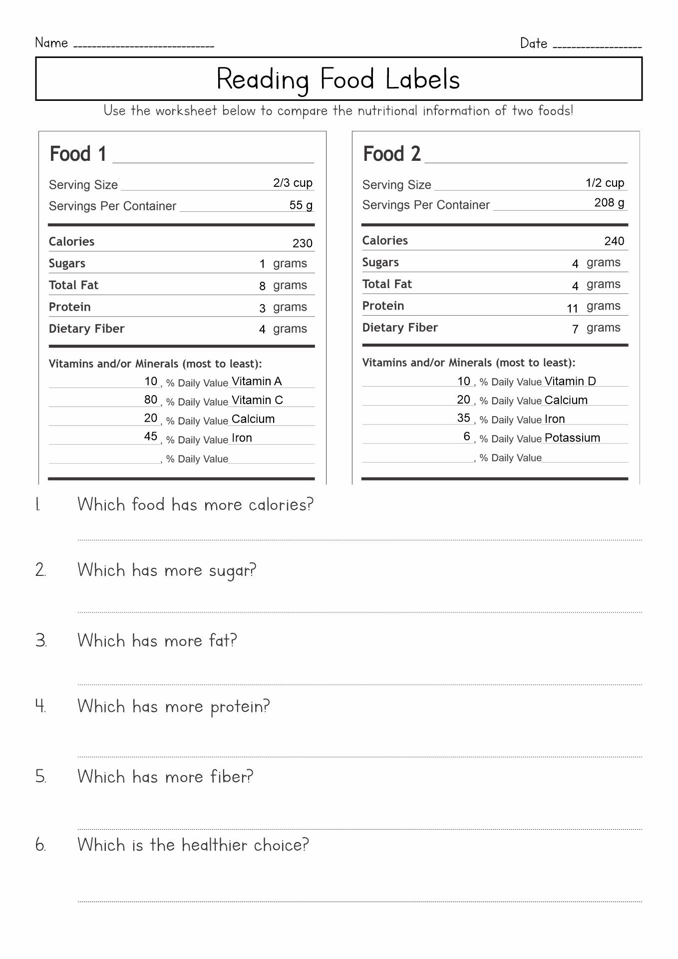 Food Label Worksheets
