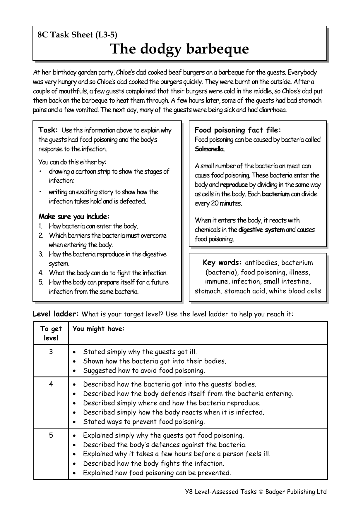Food Poisoning Task Sheet Salmonella Body Response