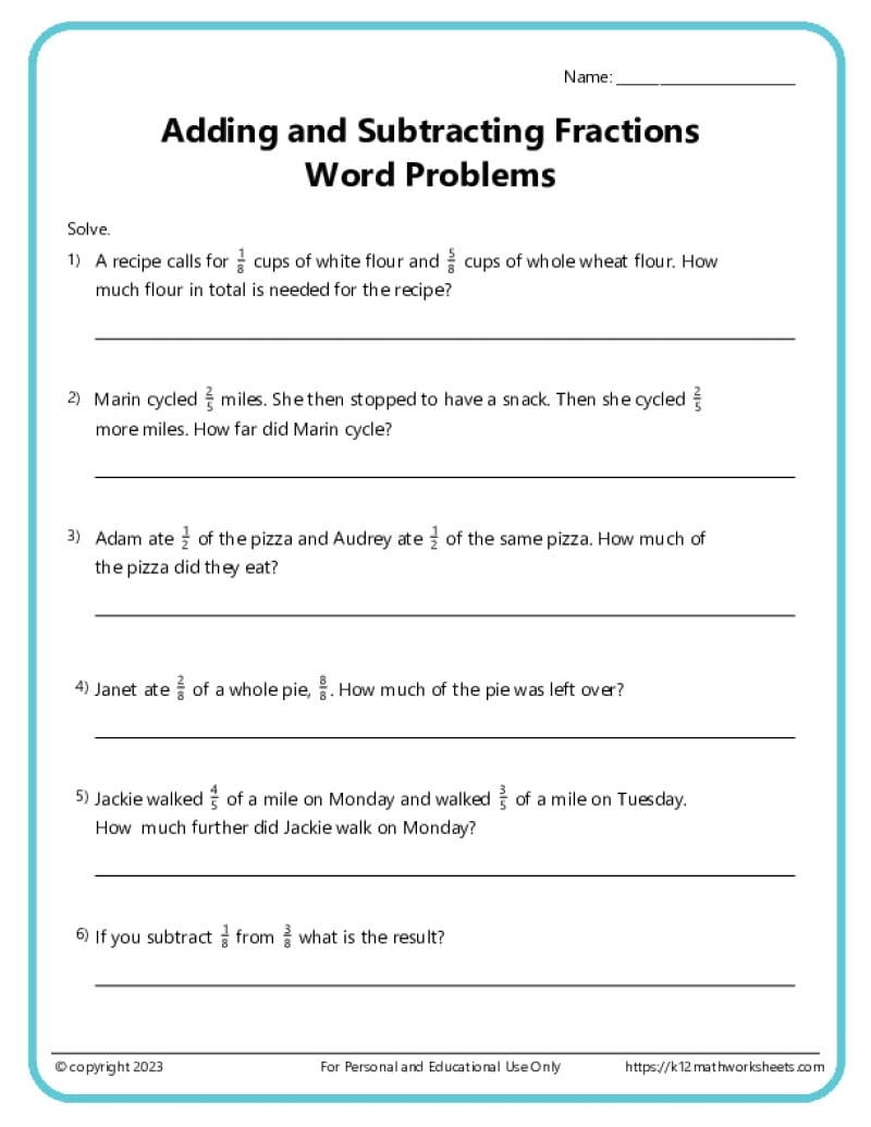 Fraction Word Problems Worksheets K12 Math Worksheets