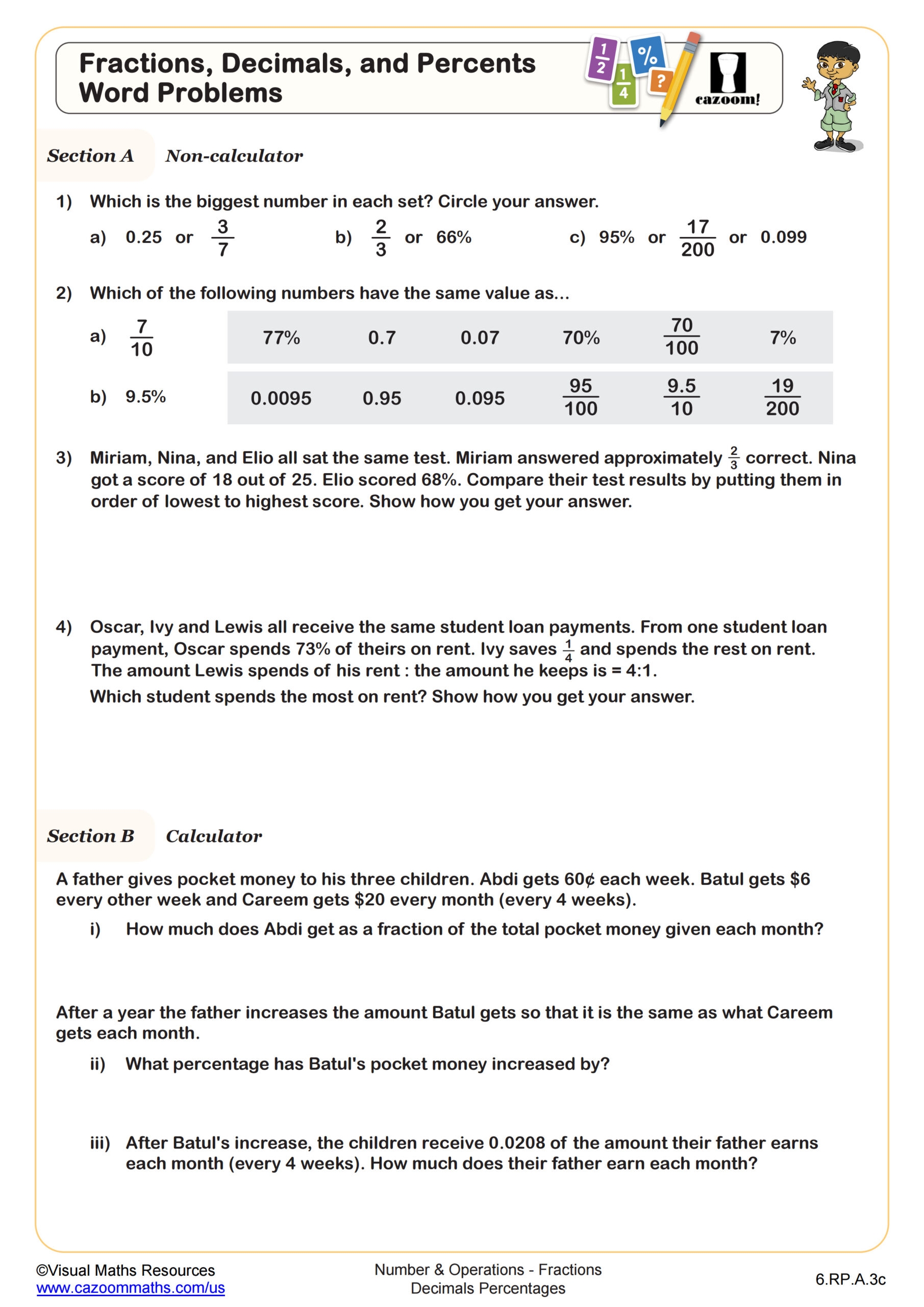 Fractions Decimals And Percents Word Problems Worksheet PDF Printable Number Operations Worksheet Cazoom Math