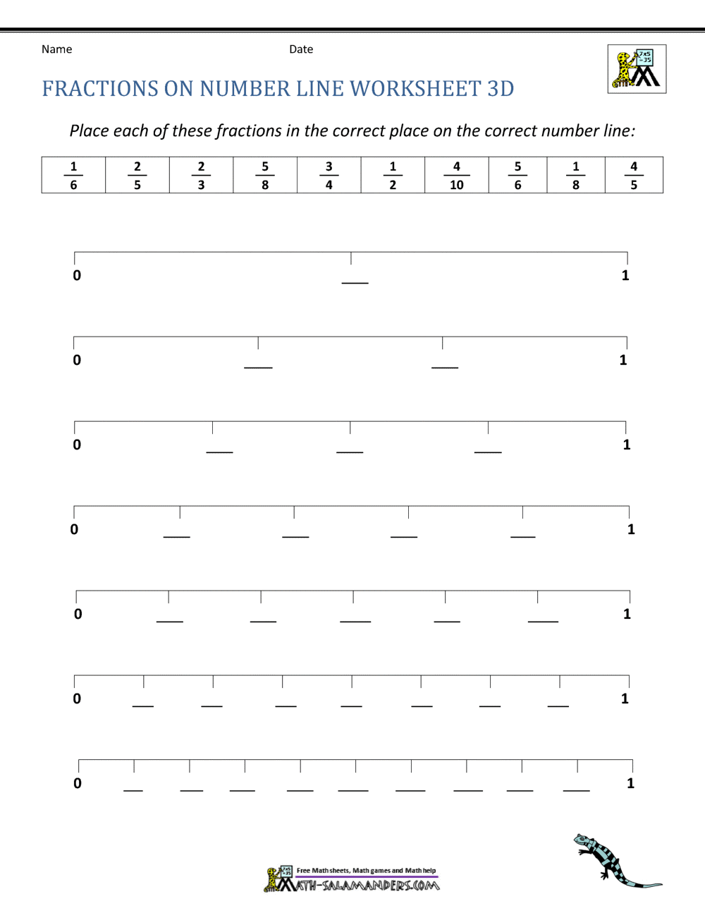Fractions On Number Line Worksheets