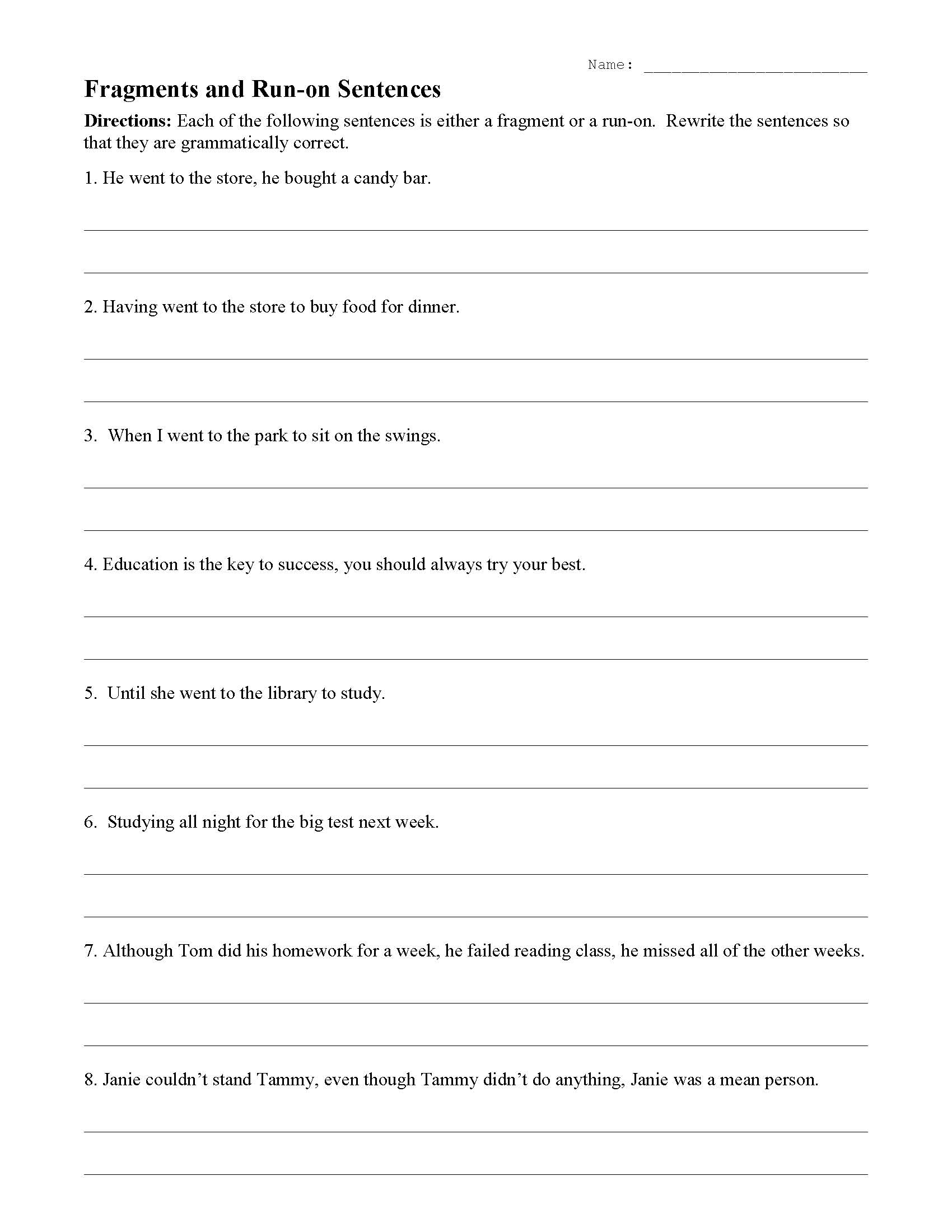 Sentence Fragments Run On Sentences 4 Worksheets Grades 3 4 CCSS Made By Teachers