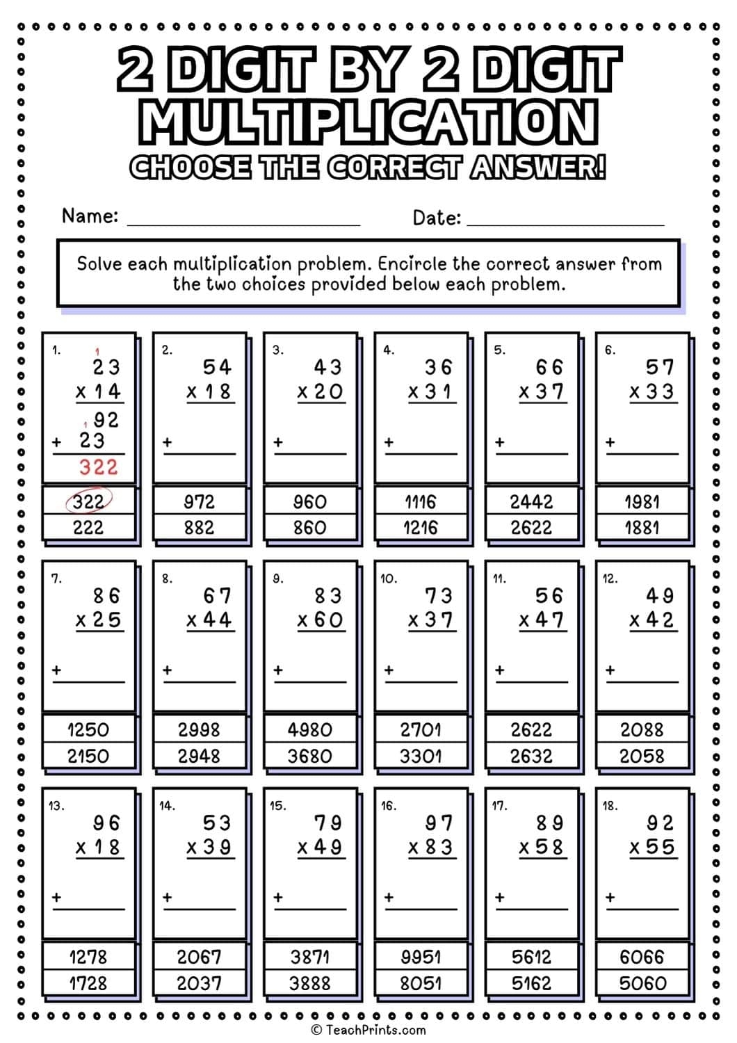 Free 2 Digit By 2 Digit Multiplication Worksheets Teach Prints