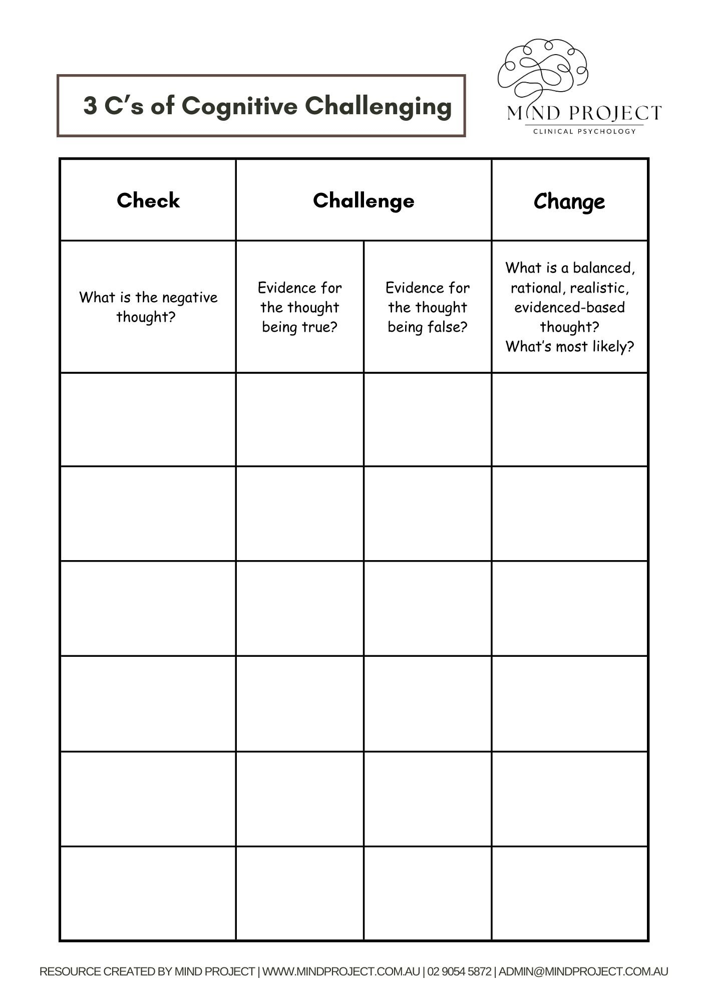 Free CBT Worksheets Cognitive Behavioural Therapy Resources Mind Project Clinical Psychology Kogarah