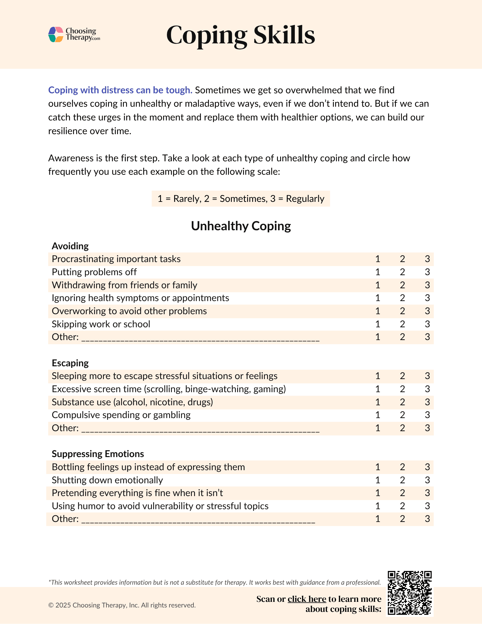 Free Coping Skills Worksheet Printable PDF ChoosingTherapy