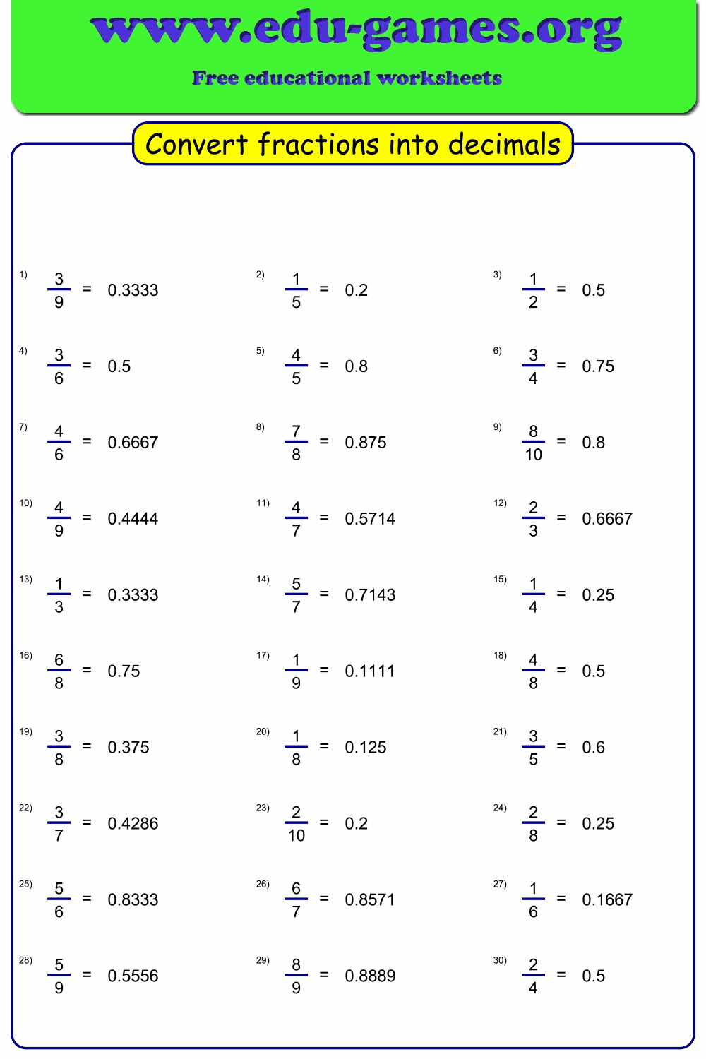 Fractions Decimals Percents Worksheets