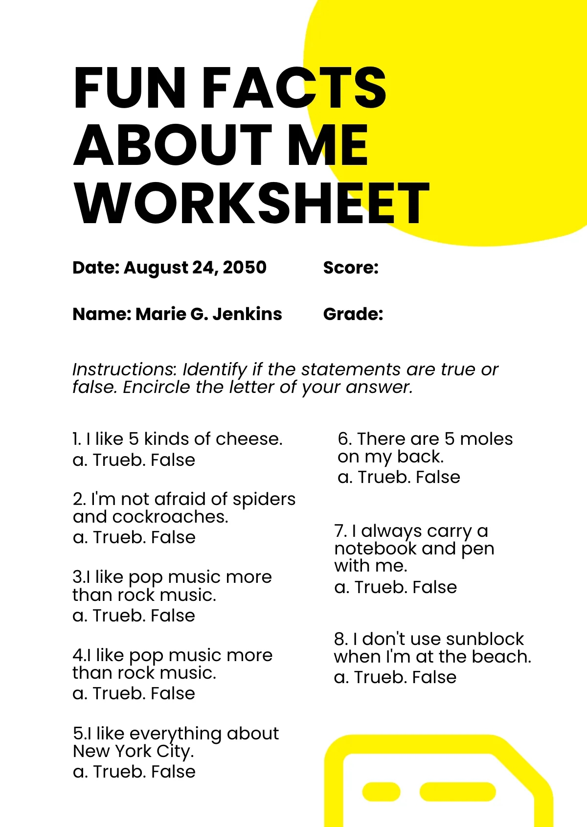 Free Fun Facts About Me Worksheet Template To Edit Online