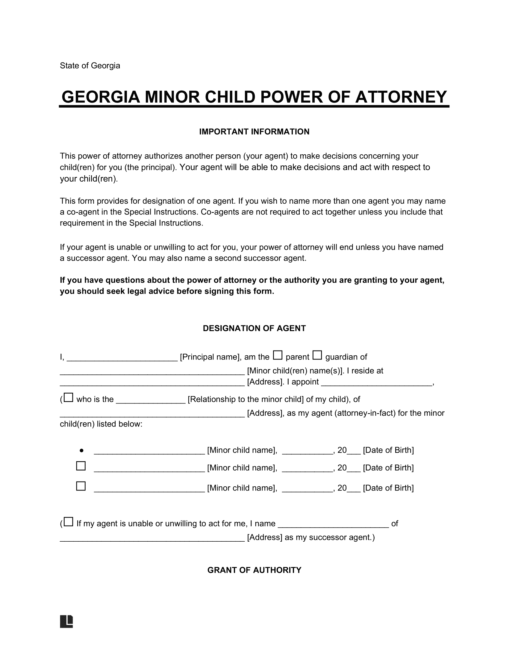 Free Georgia Minor Child Power Of Attorney Form PDF Word