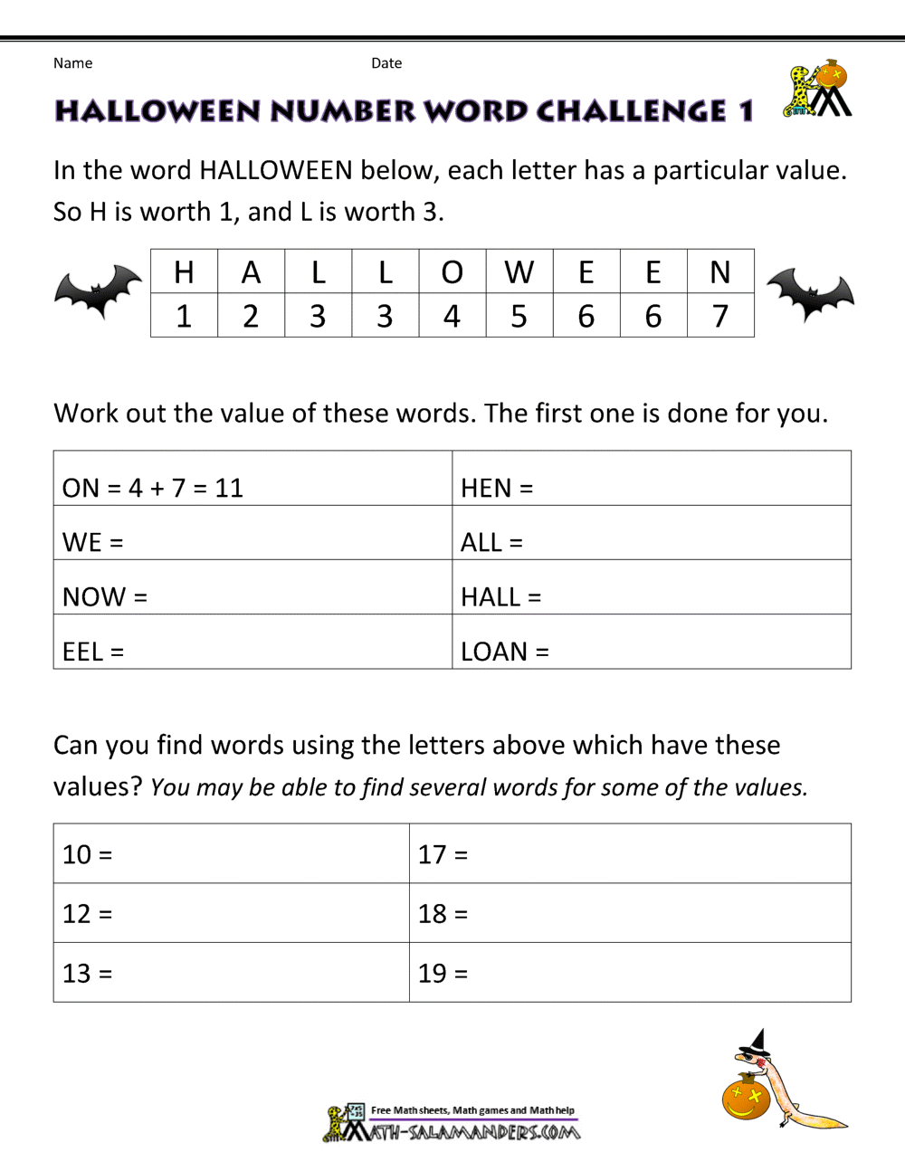 Free Halloween Math Worksheets
