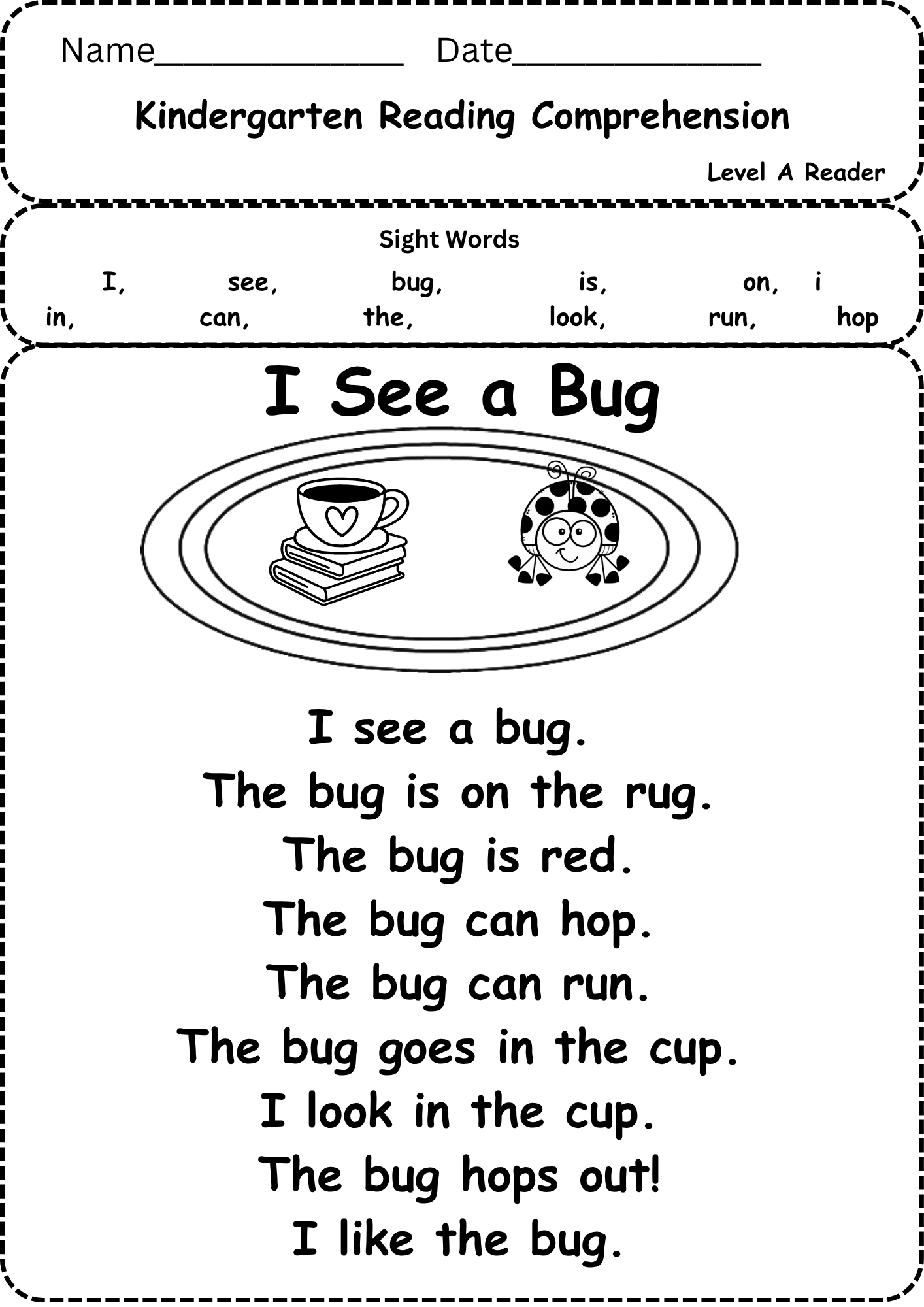 Free Kindergarten Reading Comprehension Worksheet Level A