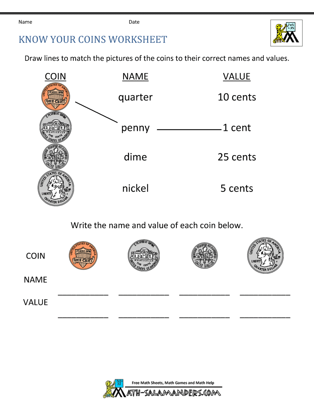 Free Math Money Worksheets 1st Grade