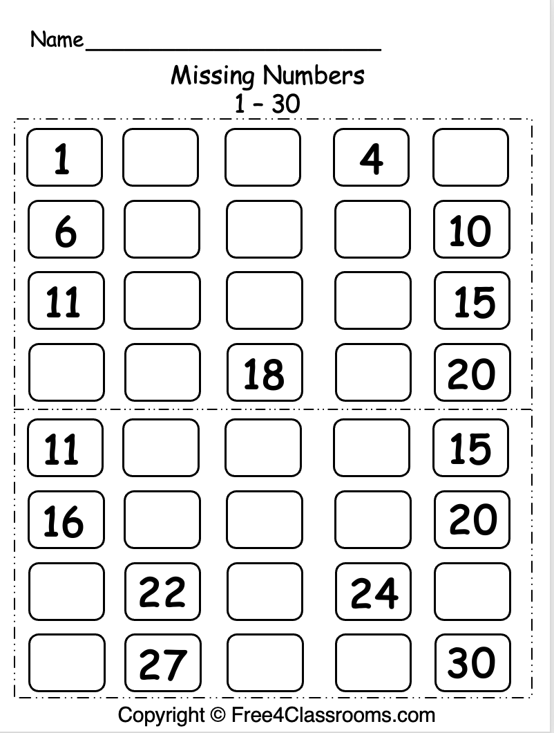 Free Missing Numbers 1 30 Worksheet Free Number Chart 1 30
