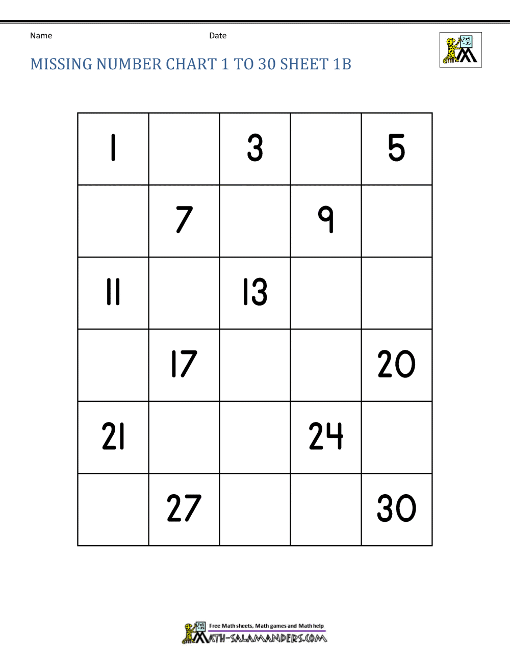 Free Number Chart 1 30 Free Number Chart 1 30