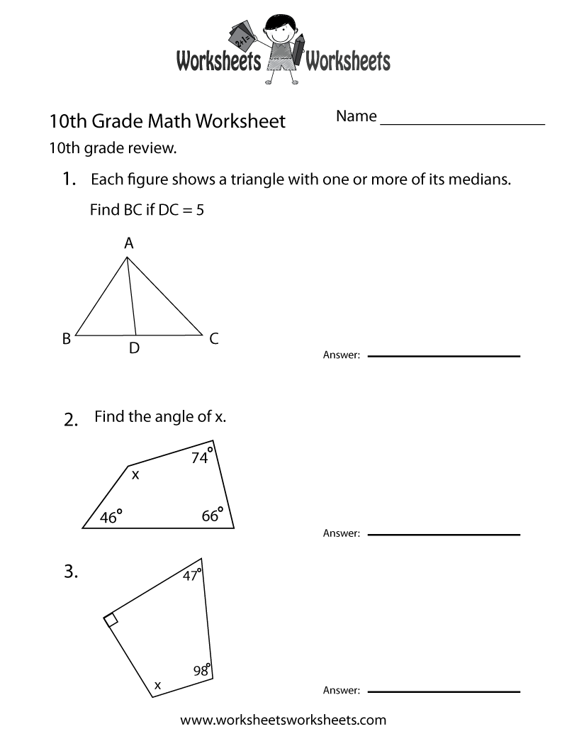 Free Printable Tenth Grade Math Practice Worksheet