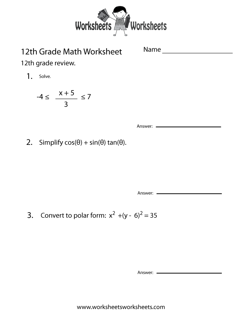 Free Printable Twelfth Grade Math Practice Worksheet
