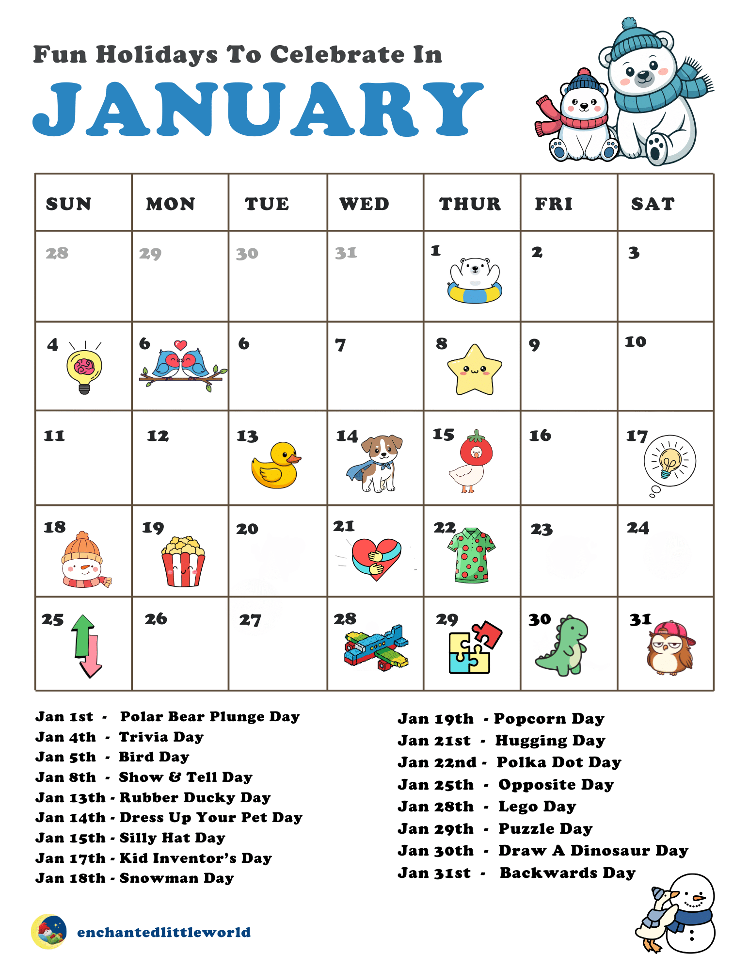 Free Printable January Calendar Fun Holidays Enchanted Little World