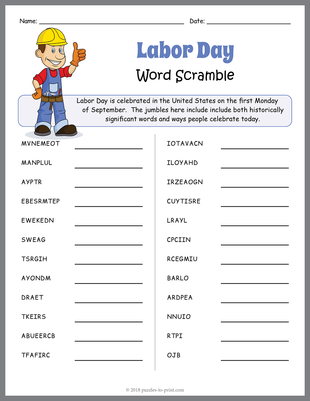 Free Printable Labor Day Word Scramble