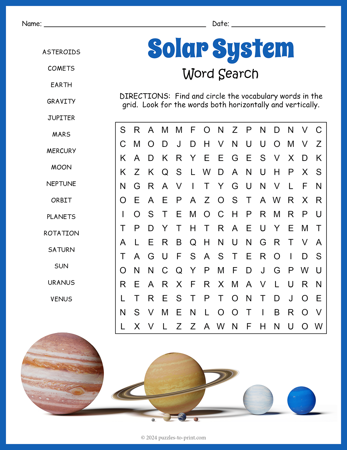 Free Printable Solar System Word Search