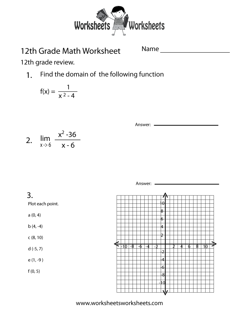 Free Printable Twelfth Grade Math Practice Worksheet