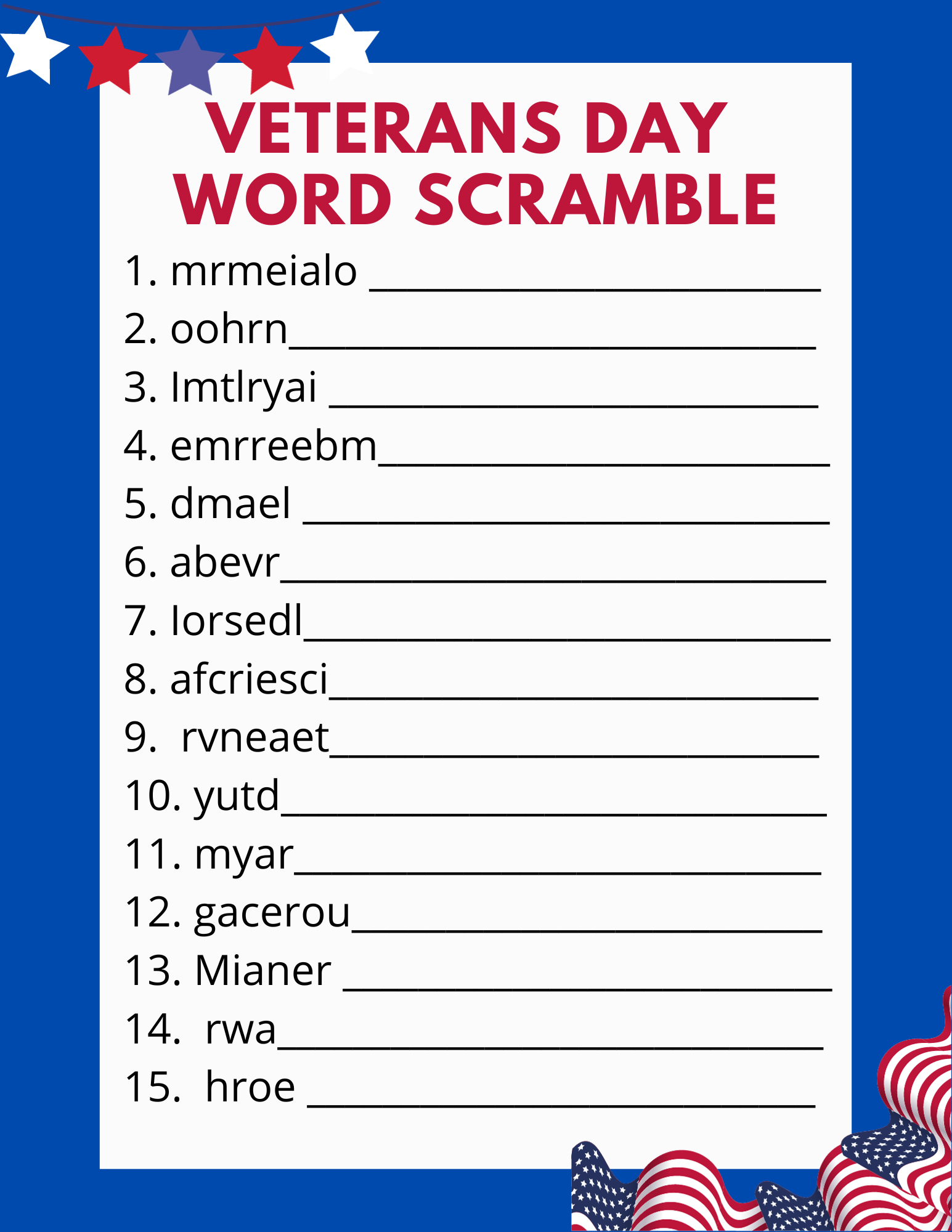 Free Printable Veterans Day Word Scramble Classy Mommy