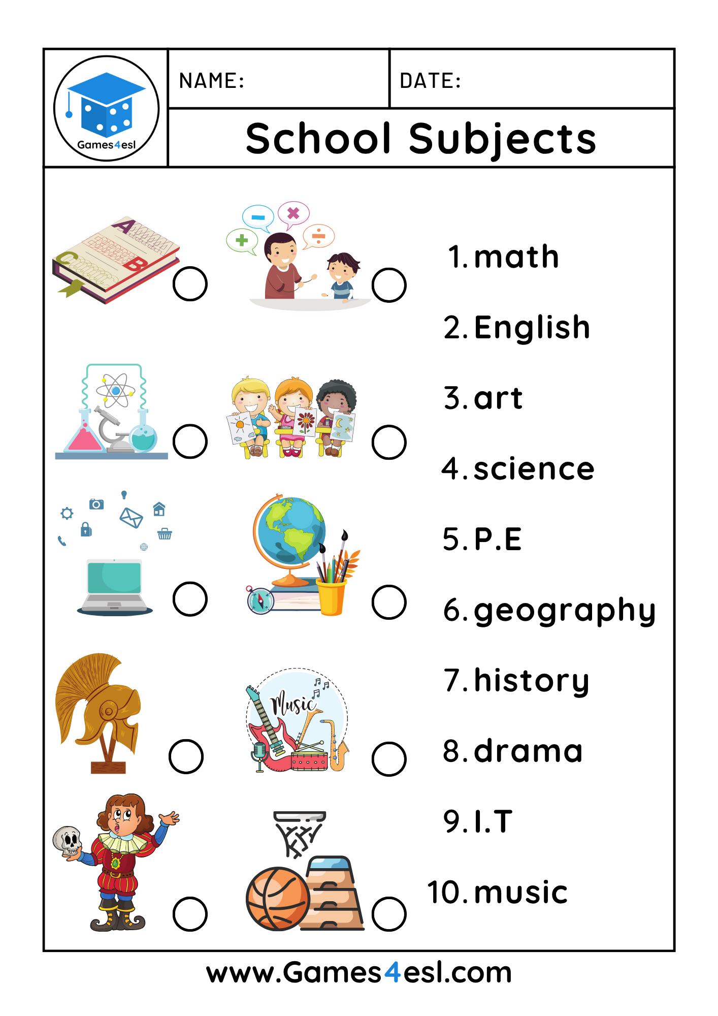 Free School Subject Worksheets For ESL Kids Games4esl
