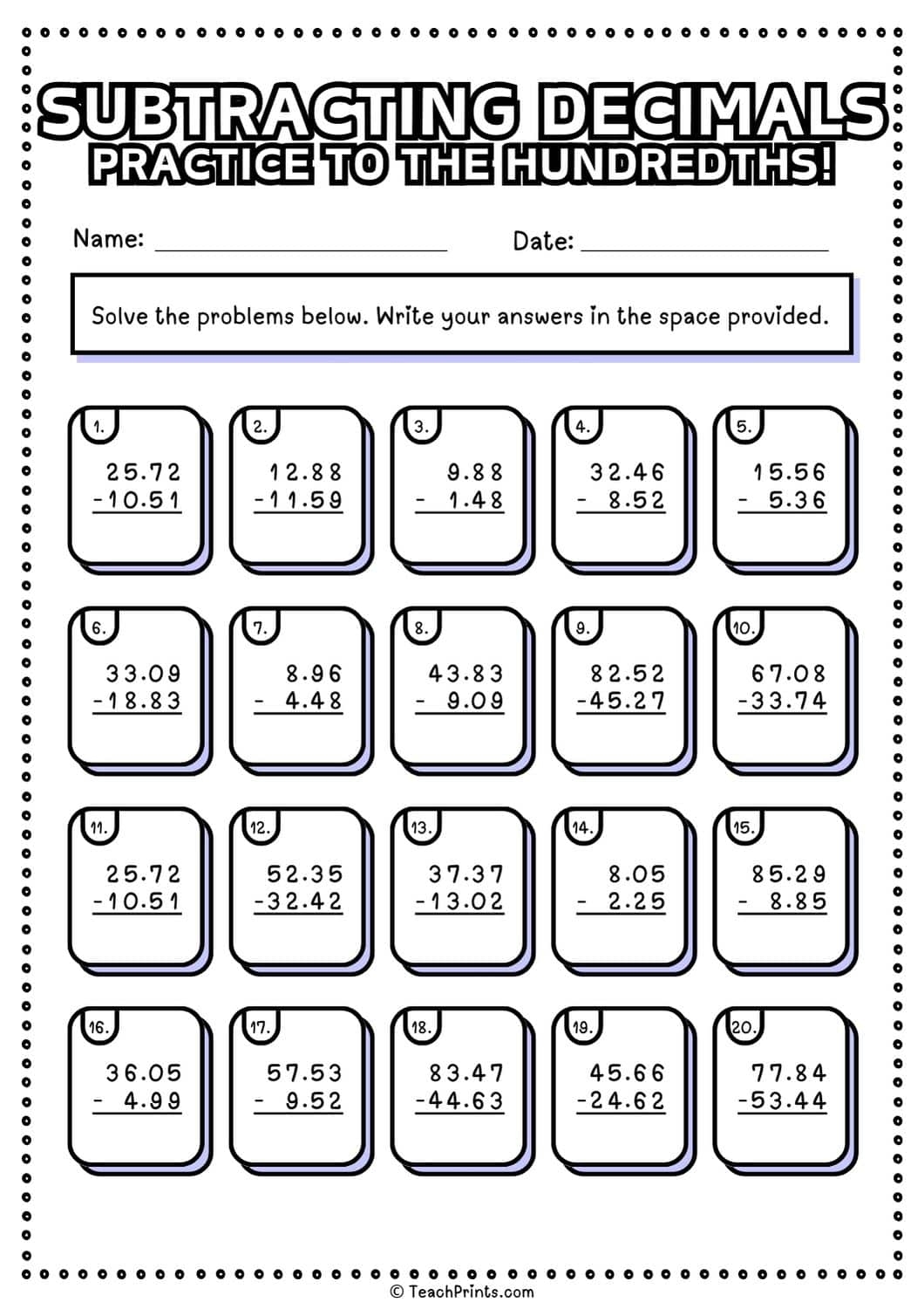 Free Subtracting Decimals Worksheets Teach Prints
