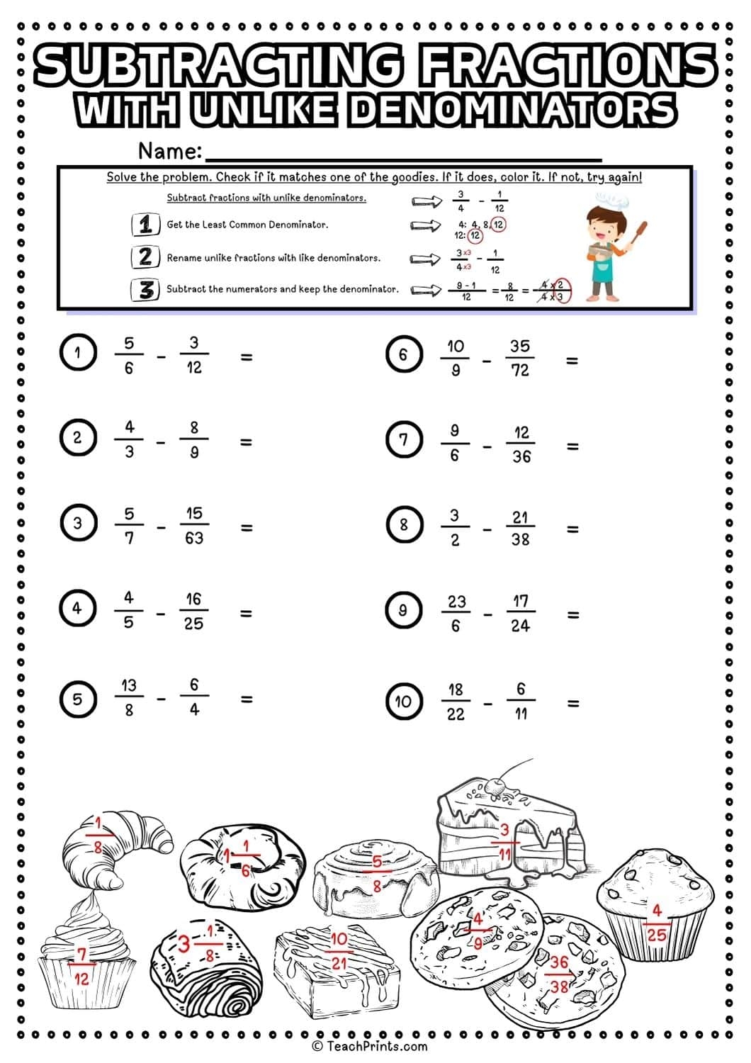Free Subtracting Fractions With Unlike Denominators Worksheets Teach Prints