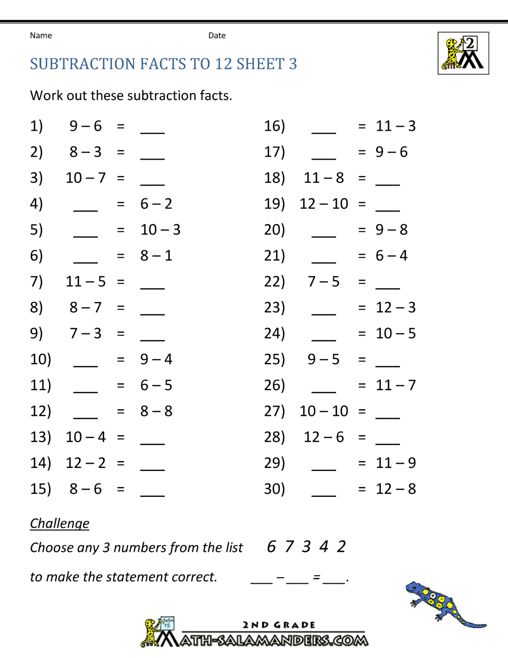 Free Subtraction Worksheets To 12 Free Subtraction Worksheets To 12