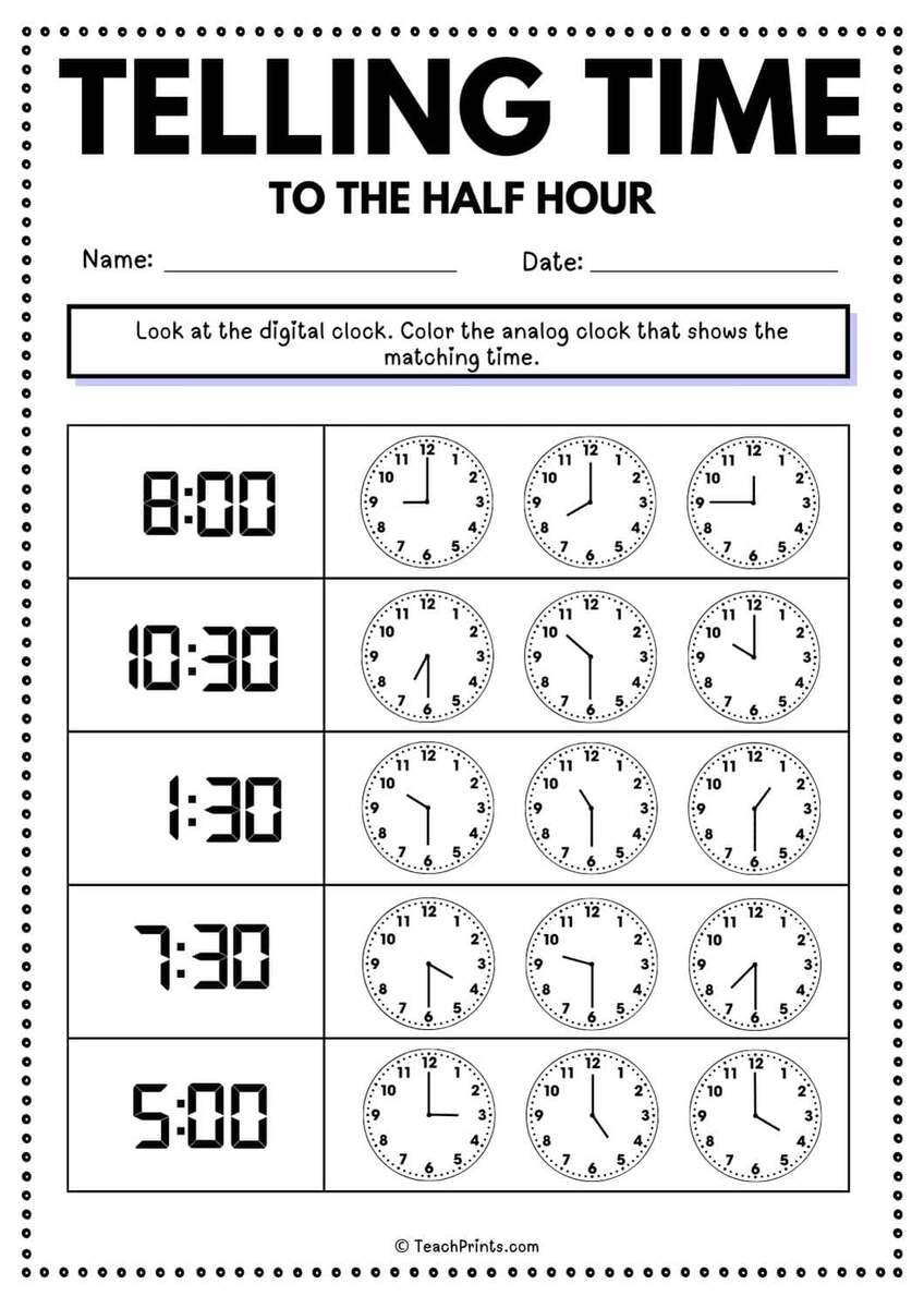 Free Telling Time To The Half Hour Worksheets Teach Prints