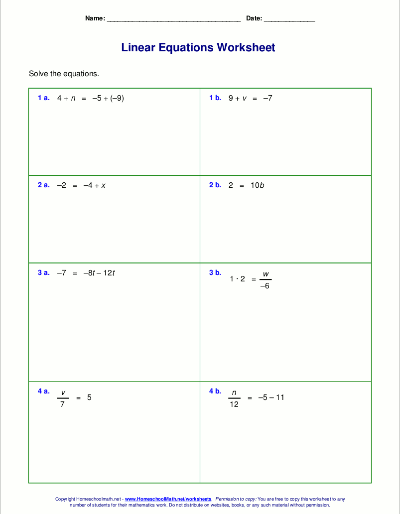 Free Worksheets For Linear Equations grades 6 9 Pre algebra Algebra 1
