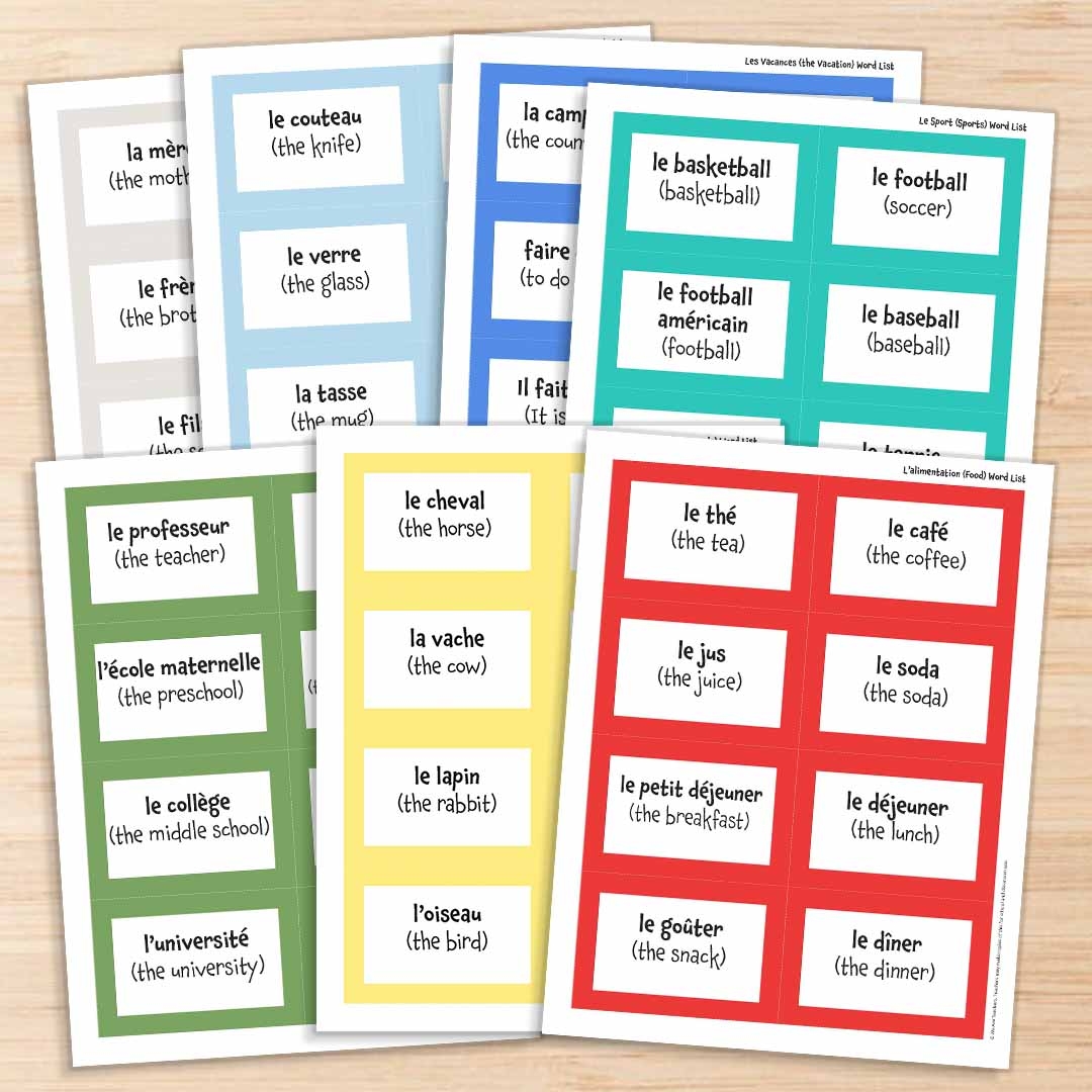 French Vocabulary Words Free Printable List Cards Activities