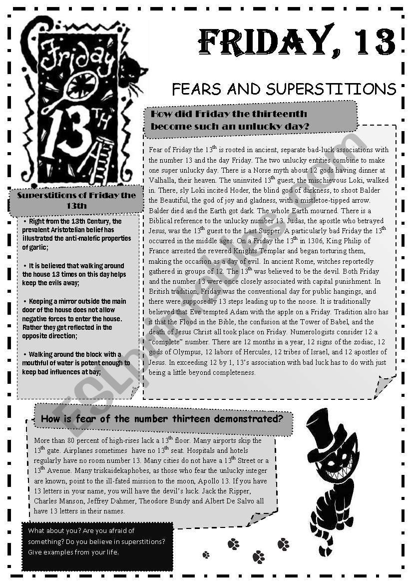 Friday 13 FEARS And SUPERSTITIONS ESL Worksheet By Natleb