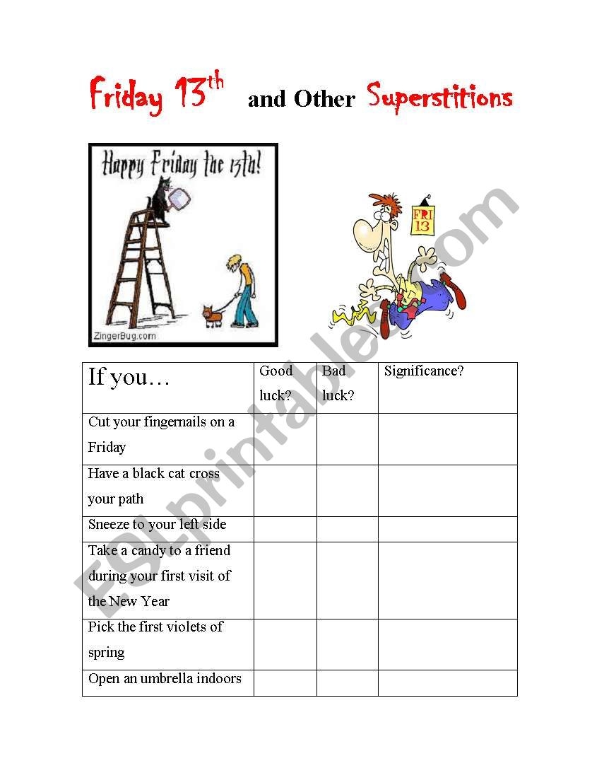 Friday 13th And Other Superstitions ESL Worksheet By Johanne23232
