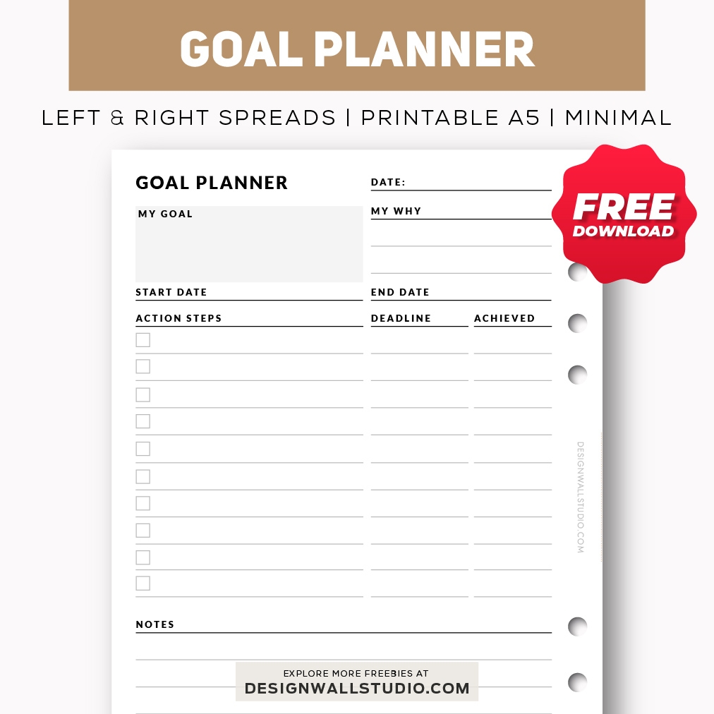 Goal Planner Printable Insert A5 Free PDF Download Two Page Layout 2 Versions