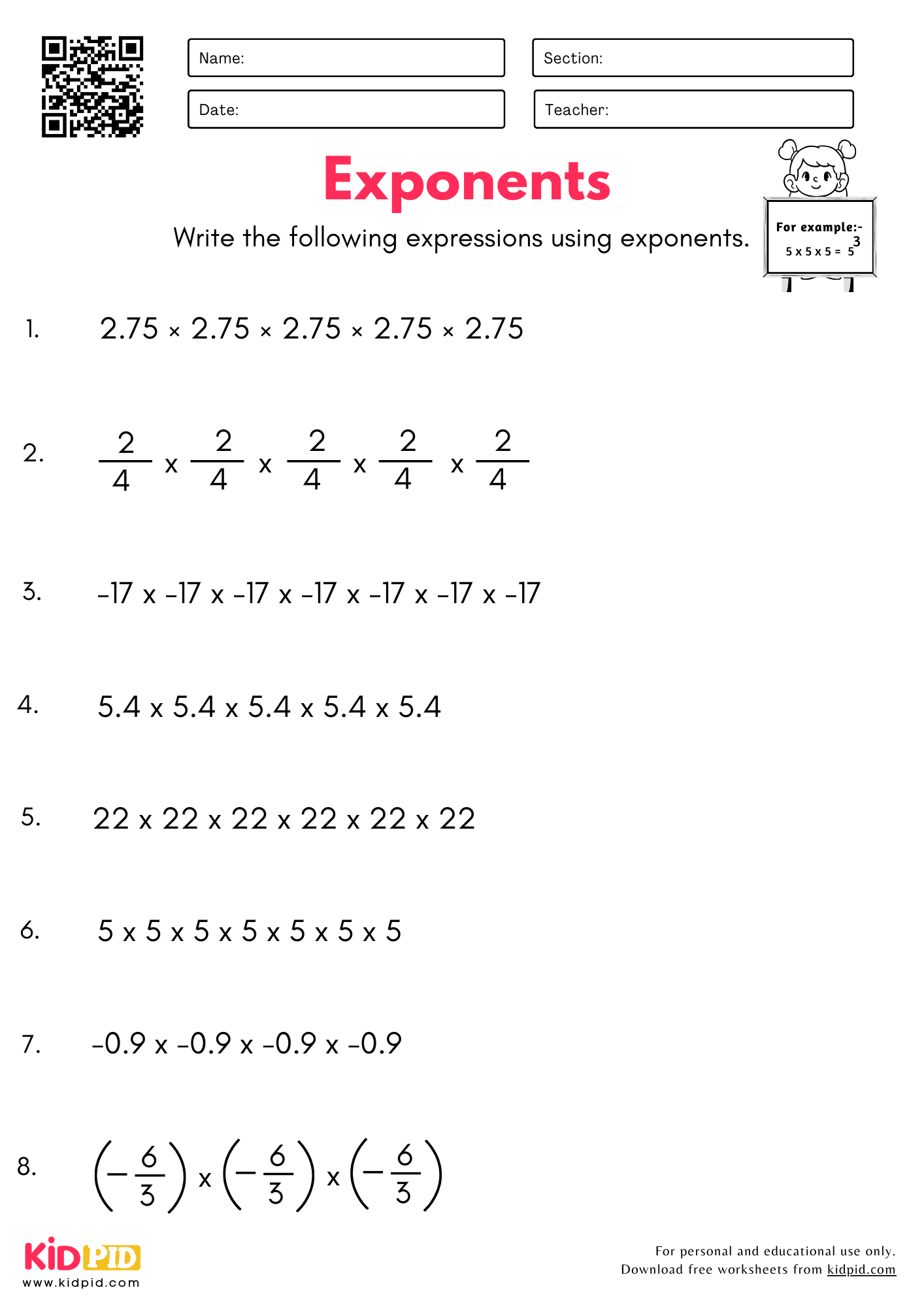 Grade 6 Exponents Worksheets Master Bases Decimals Fractions Kidpid Grade 6 Exponents Worksheets Master Bases Decimals Fractions Kidpid