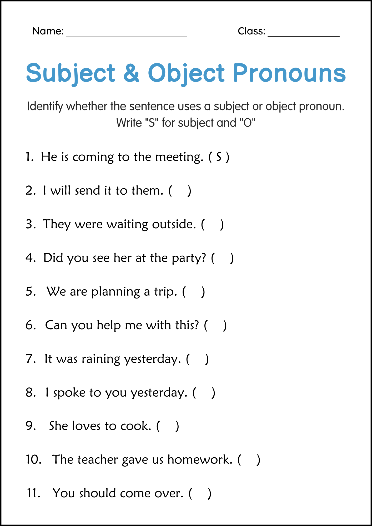 Grammar Subject And Object Pronouns Activity Worksheets For Grade 1 2 3 Made By Teachers