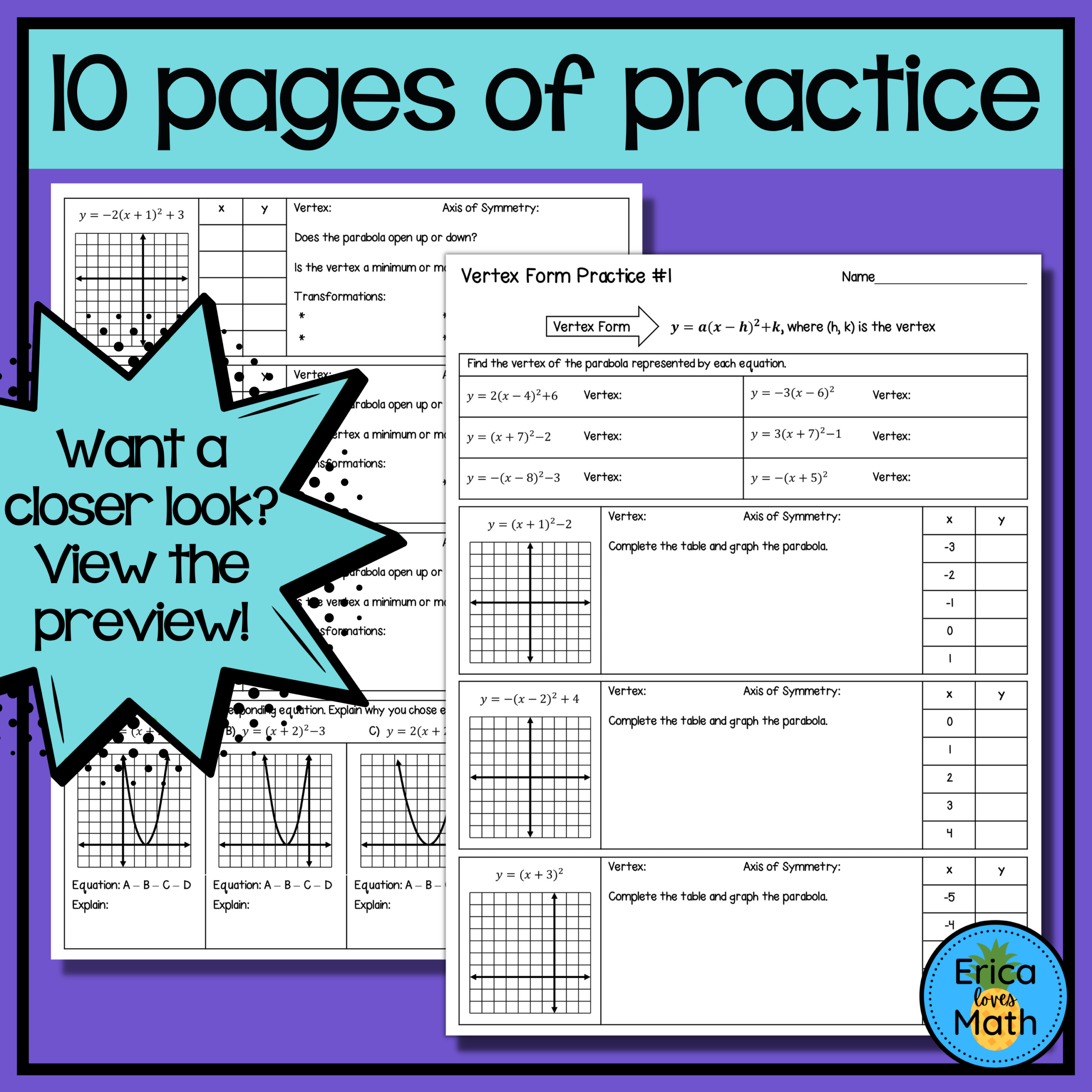 Graphing Quadratics In Vertex Standard Form Worksheets Made By Teachers