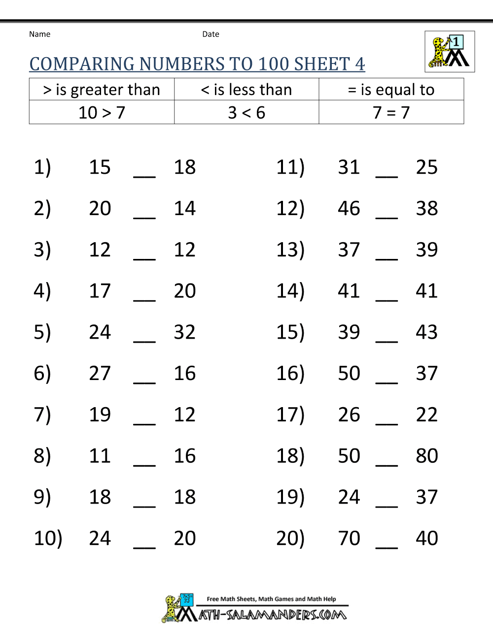 Greater Than Less Than Worksheet Comparing Numbers To 100 Greater Than Less Than Worksheet Comparing Numbers To 100
