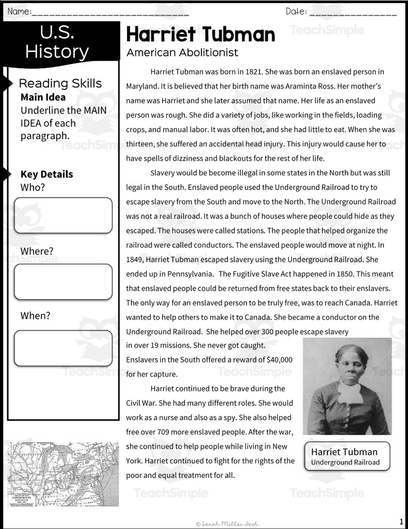 Harriet Tubman Reading Packet By Teach Simple Harriet Tubman Reading Packet By Teach Simple